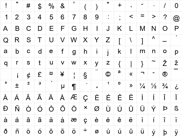 EE Arial Regular  glyph index