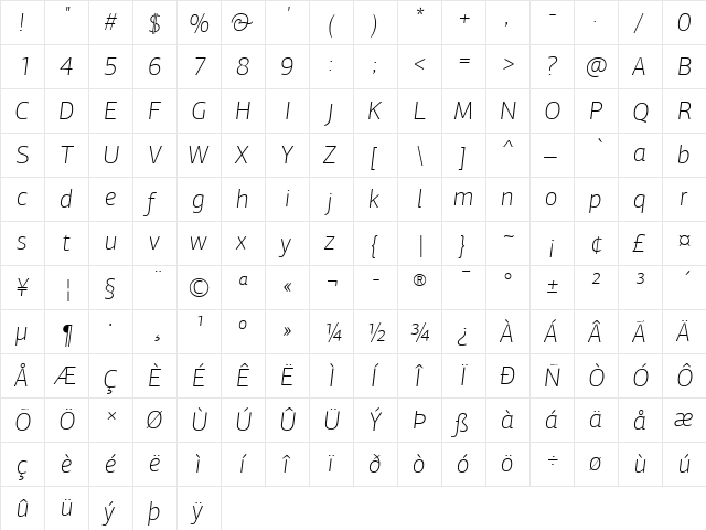 PF Agora Sans Pro Thin Italic  glyph index