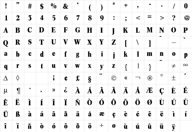 ConceptCondensed Bold  glyph index