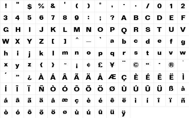 Folio MN Bold  glyph index