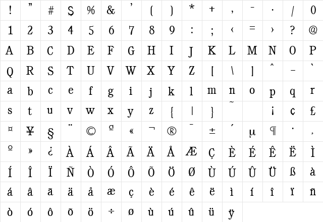 Calgary-Serial-Light Regular  glyph index