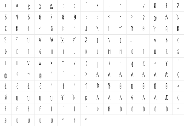 Stickman Clean Fancy Regular  glyph index
