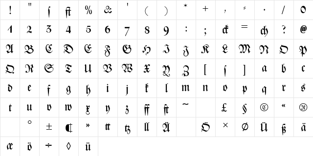 Zentenar-Fraktur OsF Regular  glyph index
