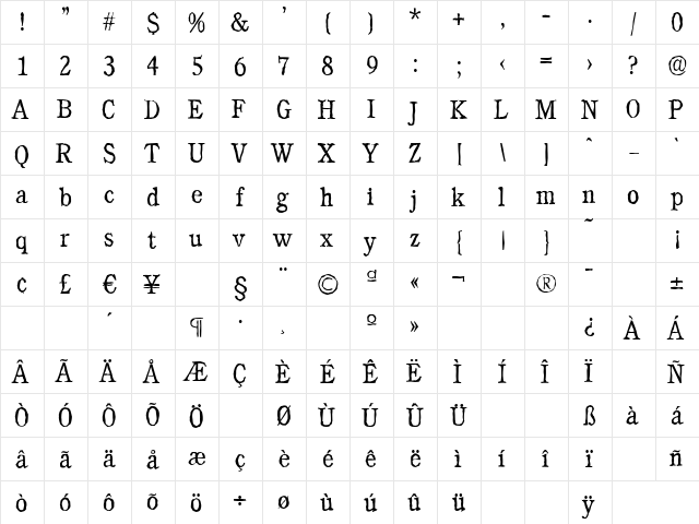CalgaryAntique-Light Regular  glyph index