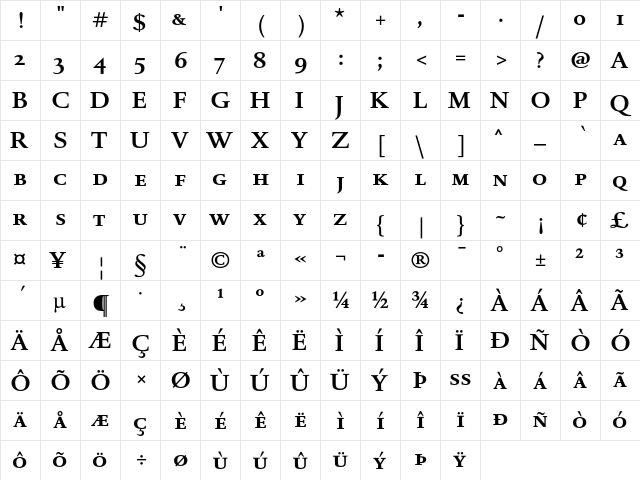 DTL Romulus T Caps Bold  glyph index