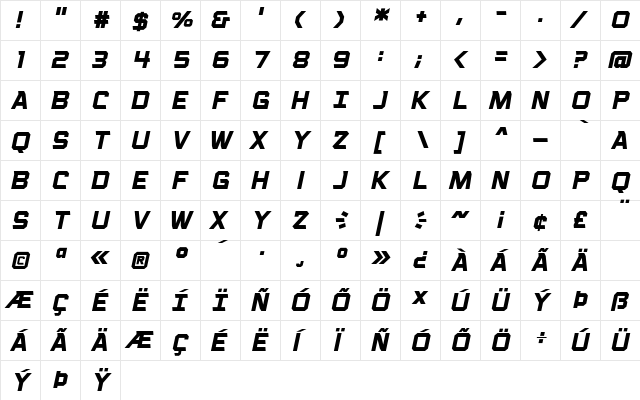 Voice Activated Caps BB Bold Italic  glyph index