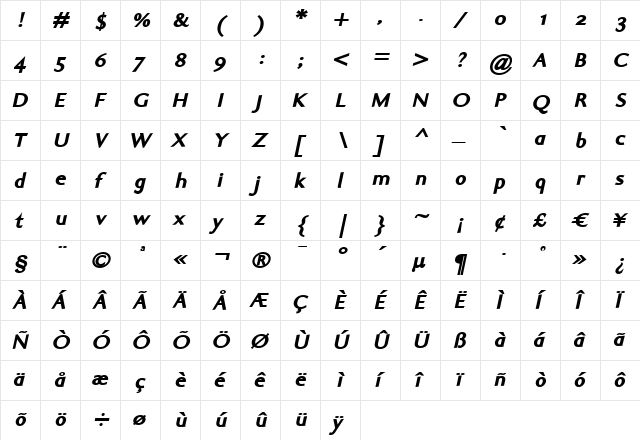 Ela Sans Black Italic  glyph index