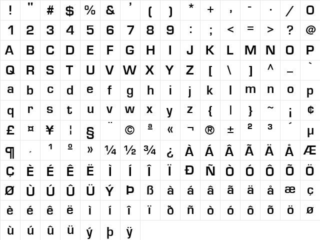 Euromade Bold Regular  glyph index