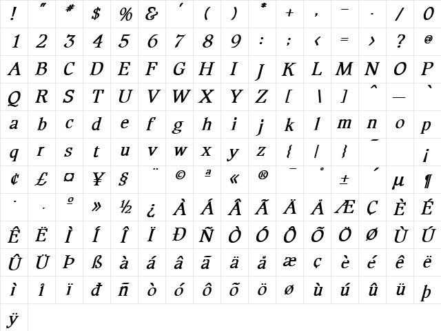Alpine-BoldItal Normal  glyph index