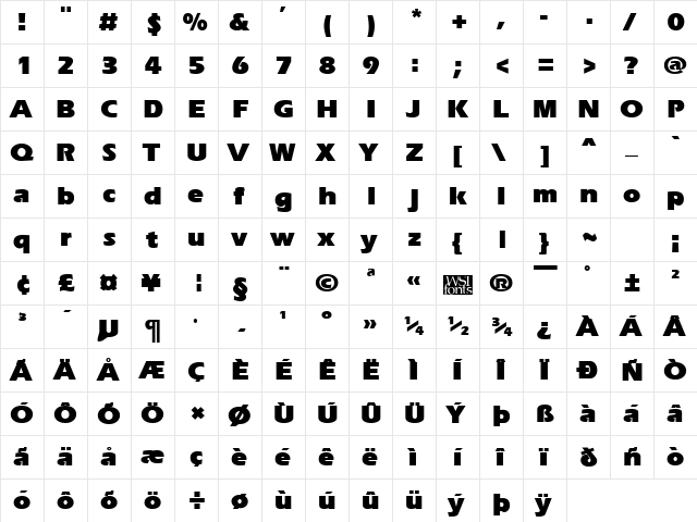 ErgoeBlack Regular  glyph index