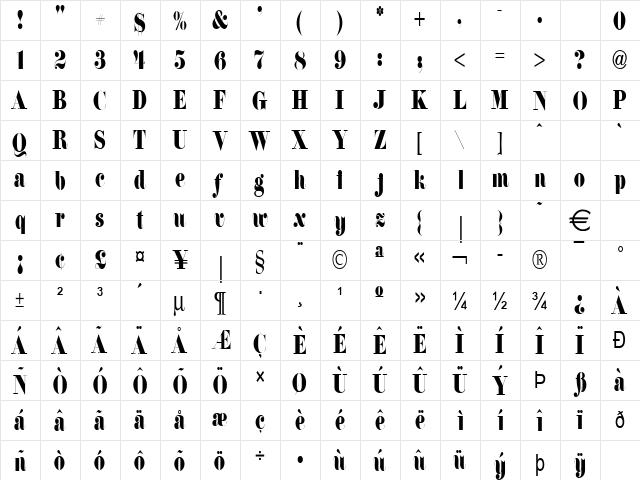 FloralCondensed Normal  glyph index