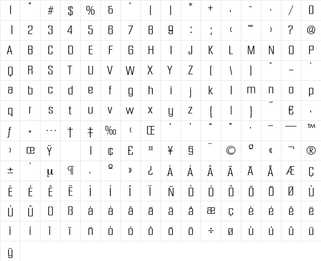 Diamante-Light Regular  glyph index