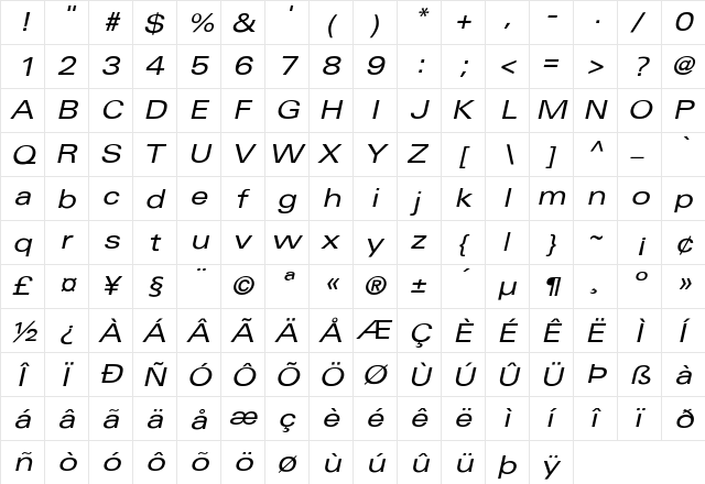 Univers-ExtendedObl Regular  glyph index