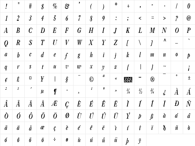 CasqueCondensed BoldItalic  glyph index