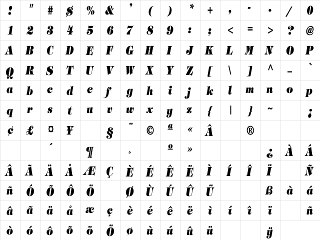 Timpani_Heavy-Italic Cn Regular  glyph index
