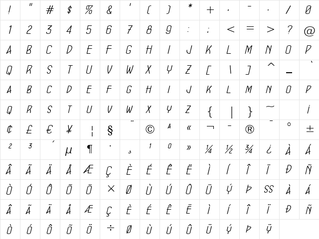 ConcursoModerne BTN Lt Oblique  glyph index