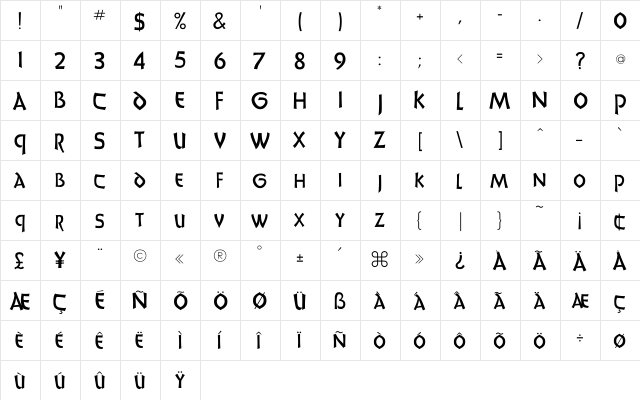Carradine Regular  glyph index