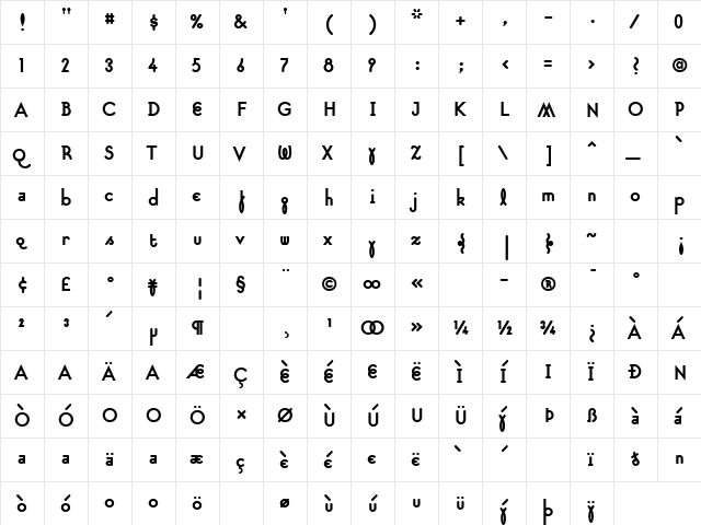 SuburbanBold Regular  glyph index