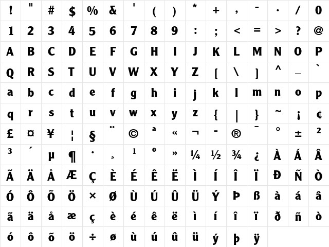 Clearface Gothic LH 75 Bold  glyph index
