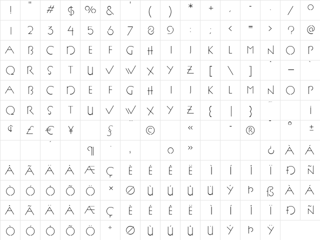 P22 FLLW Exhib Light Regular  glyph index