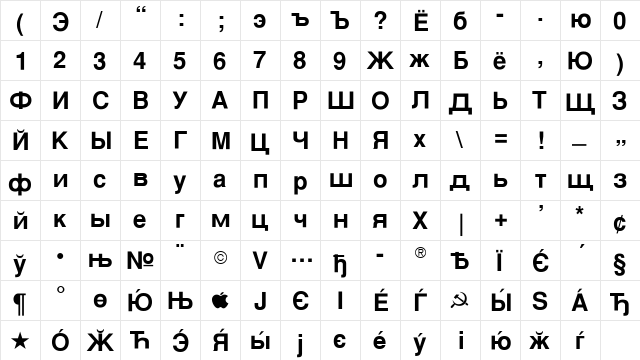 SvobodaFLF-Bold Regular  glyph index