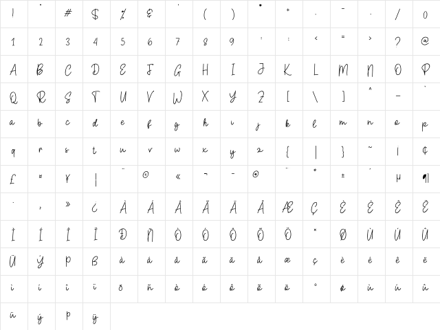 Amelia Script  glyph index