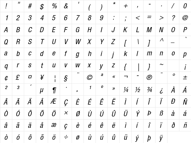 Helvetica Neue LT Std 57 Condensed Oblique  glyph index