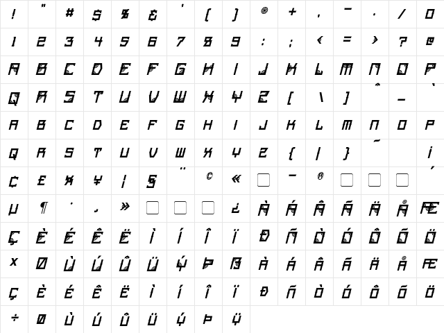 Steamwheel Italic  glyph index