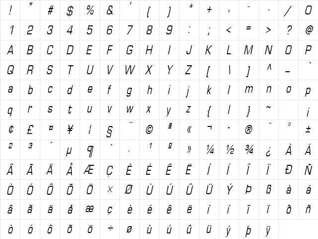 Eurasia Condensed Italic  glyph index