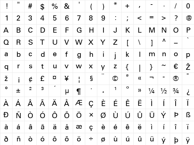 Univers LT 55 Regular  glyph index