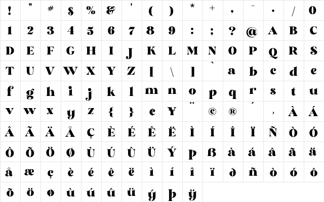 Glory Sunshine Regular  glyph index