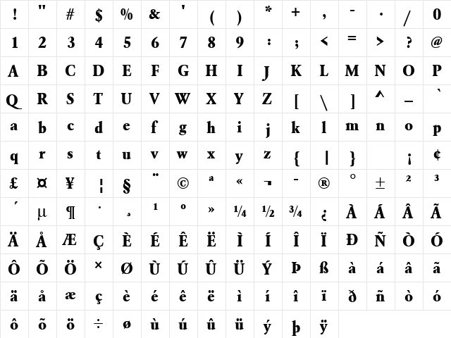 URWGaramondTExtBolNar Regular  glyph index