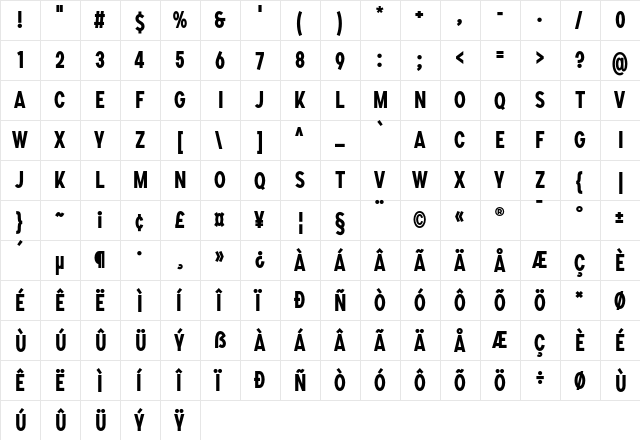 SONGER Condensed Bold  glyph index