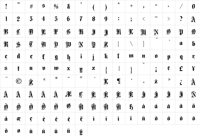 Middlesex Regular  glyph index