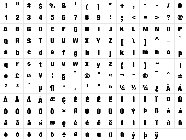 Helvetica Neue LT Pro 107 Extra Black Condensed  glyph index