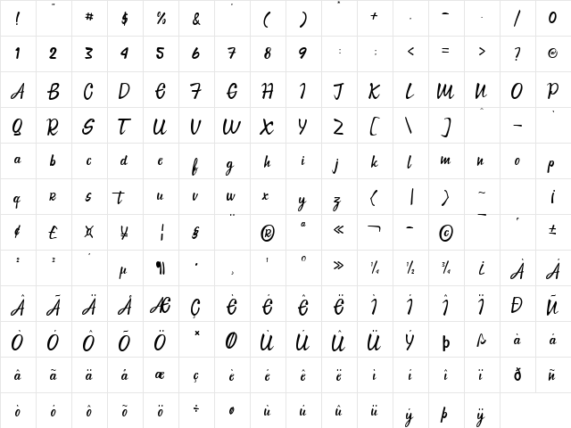 Kasih Putih Regular  glyph index