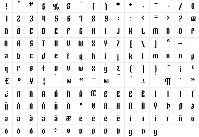 SF Archery Black Regular  glyph index