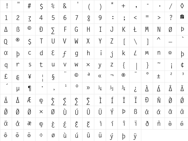 LetterGothicSlang Light  glyph index