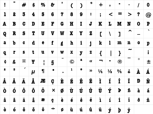 Dateline Condensed Bold  glyph index