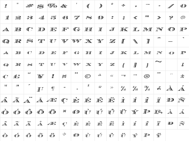 CashExtended Italic  glyph index