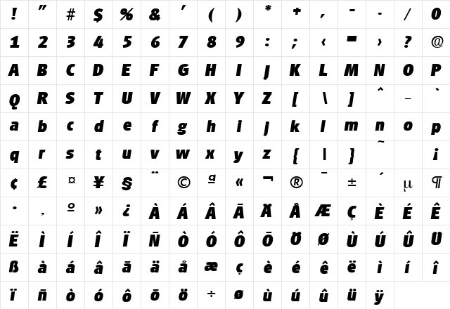 Glasgow-Serial-Heavy RegularItalic  glyph index