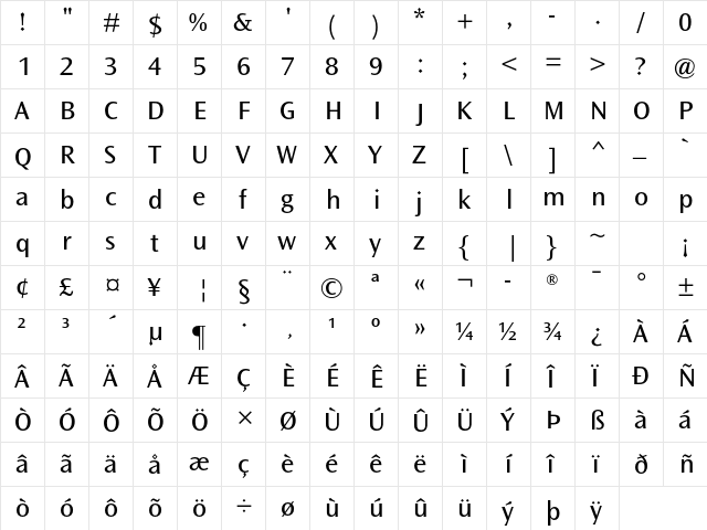 Ocean Sans Std Book SemiExtended  glyph index