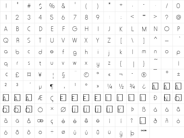 FFX Simple Thin Regular  glyph index
