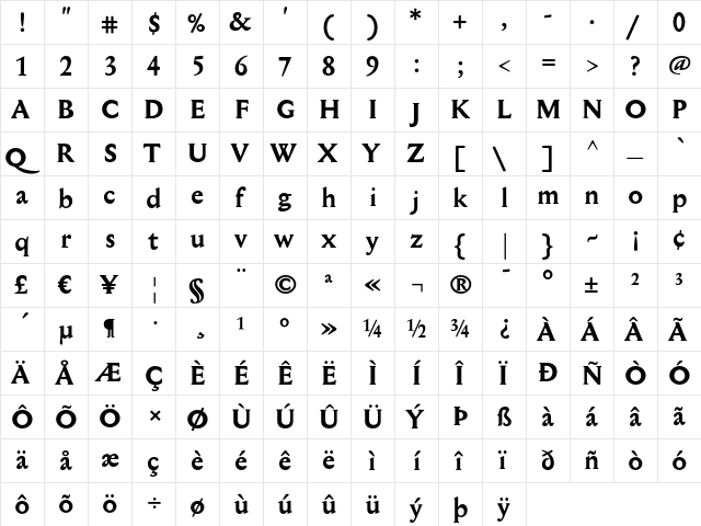 Mediaeval Bold  glyph index