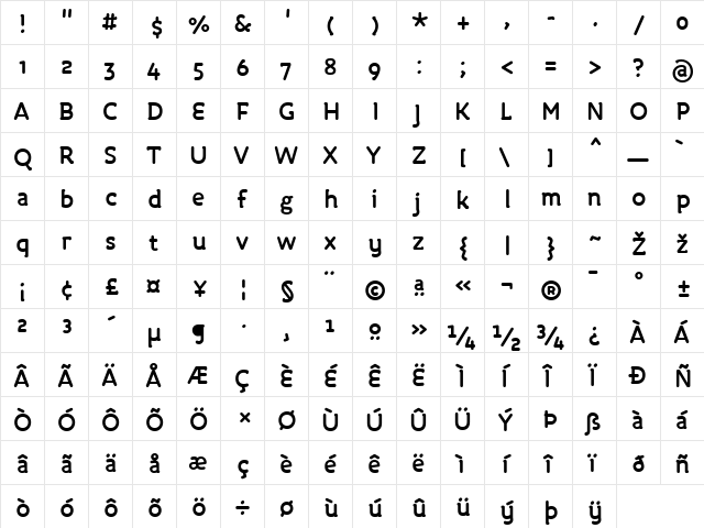 Roice-Bold Regular  glyph index