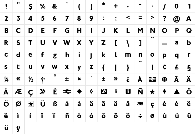 NJBold Regular  glyph index