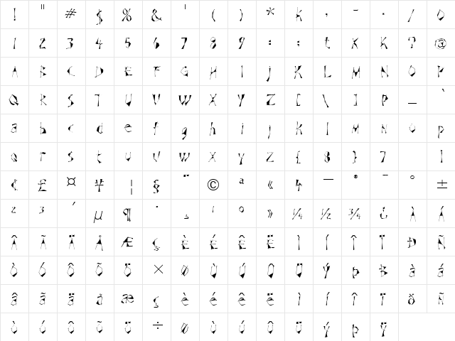 SchizoidITC TT Regular  glyph index