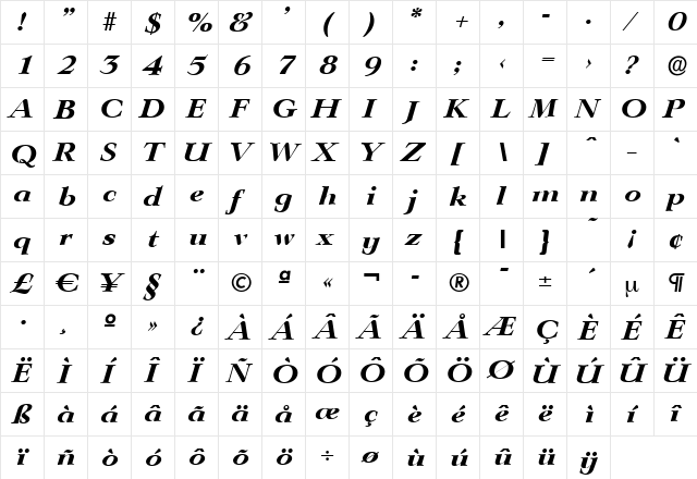 PhillipBecker-ExtraBold Italic  glyph index