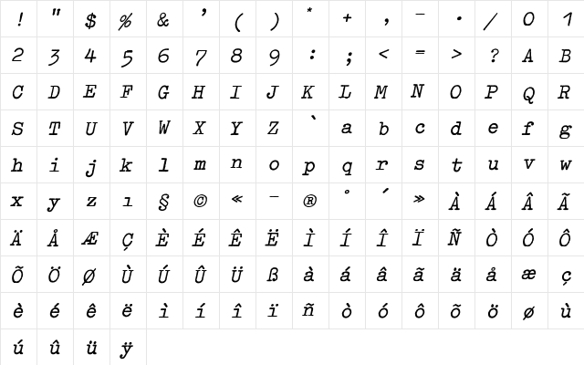 Typewriter ExtraBold  glyph index