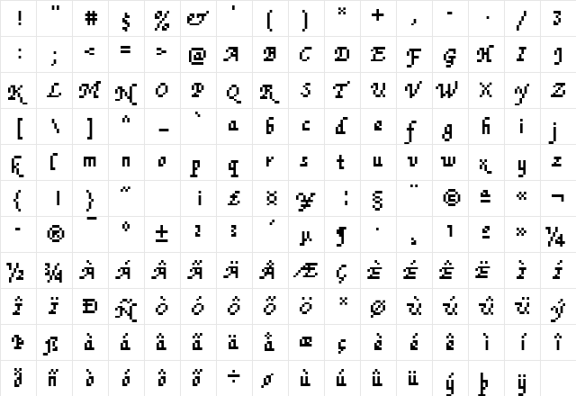 Rough70 Becker Regular  glyph index